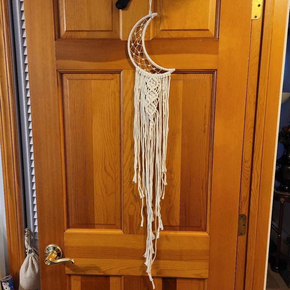 Handmade Macrame Crescent Moon Dream Catcher Beaded White Rope